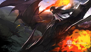 black haired male anime character riding a dragon wallpaper