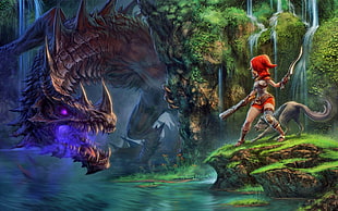 woman holding pistol and sword facing dragon in the forest game poster