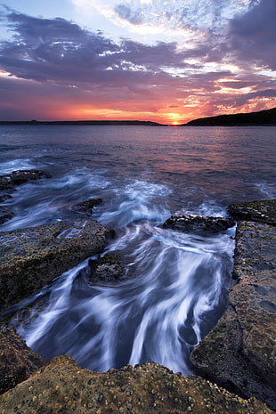 gray rocks near body of water during golden hour, la perouse HD wallpaper