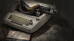 grey and brown typewriter, typewriters, books, table, wall