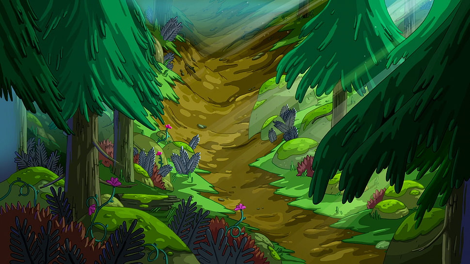 pathway between pine trees illustration, Adventure Time, cartoon HD wallpaper