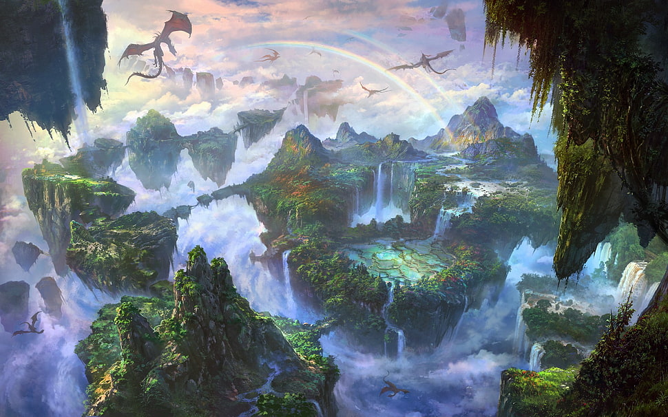 green island, fantasy art, landscape, dragon, rainbows HD wallpaper