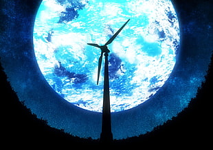 silhouette of wind turbine, Moon, wind turbine