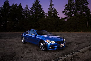 blue BMW coupe, Auto, Blue, Side view