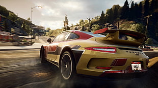 yellow and red Porsche car videogame screenshot HD wallpaper