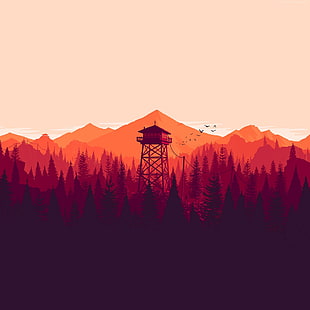 silhouette of tower surrounded by trees digital wallpaper