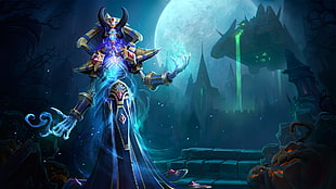 skeleton with horns game character digital wallpaper, Kel'Thuzad, Warcraft, video games, skeleton