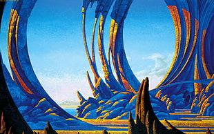 blue and yellow bird painting, Roger Dean, Yes, progressive rock HD wallpaper