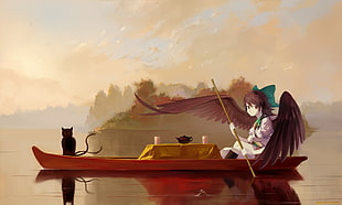 brown hair anime with green ribbon and black wing paddling boat illustration