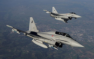 two gray aircrafts, Eurofighter Typhoon, jet fighter, airplane, aircraft