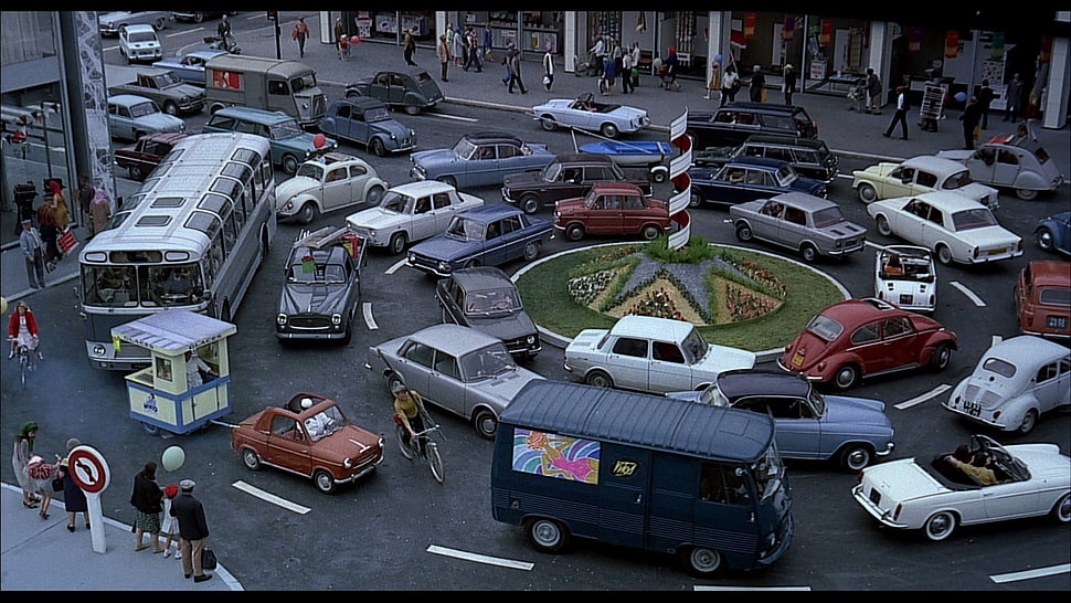 vehicle lot, Jacques Tati, Monsieur Hulot, Playtime, car HD wallpaper