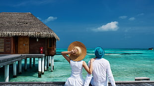men's white dress shirt, beach, blue, hat, straw hat HD wallpaper