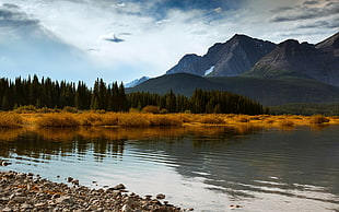 calm body of water, mountains, water, sky, clouds