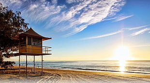 brown wooden hut, beach, lifeguard stands, sand, trees