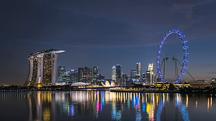 San Marina Bay, Singapore, Marina Bay, skyline, ferris wheel, Singapore HD wallpaper
