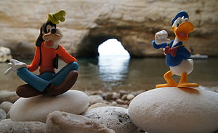 selective focus photography of Donald Duck and Goofy figurines on stone, fiano, grotte, gargano HD wallpaper
