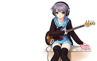 female animated character holding guitar digital wallpaper, The Melancholy of Haruhi Suzumiya, Nagato Yuki, guitar
