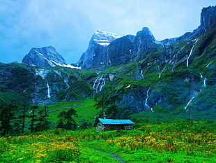 blue and gray house, nature, landscape, mountains