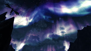 aurora borealis wallpaper, The Elder Scrolls V: Skyrim, aurorae, dragon
