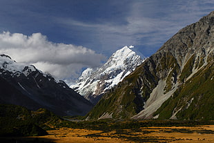 landscape photo of mountains and field, mount cook