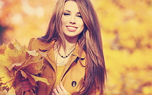 woman in brown jacket HD wallpaper