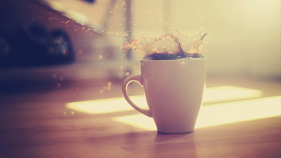 black and gray corded device, coffee, cup, splashes HD wallpaper