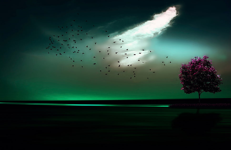 purple leafed tree under green sky digital wallpaper, artwork, digital art HD wallpaper