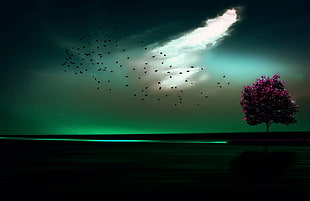 purple leafed tree under green sky digital wallpaper, artwork, digital art