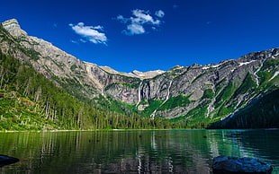body of water surrounded by mountains photo