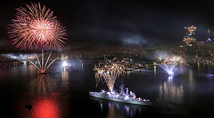 white ship and fireworks, explosion, Sydney, fireworks