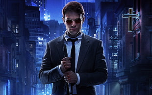 man wearing suit between high rise building digital wallpaper HD wallpaper