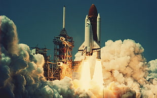 white and red space shuttle, launching, NASA, space shuttle