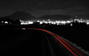 time lapse red line, night, city, monochrome, long exposure