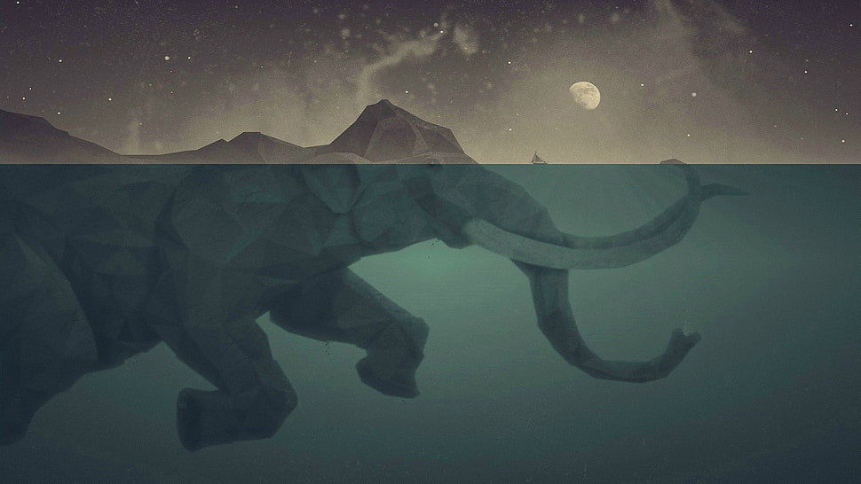 painting of elephant, digital art, elephant, Moon, sea HD wallpaper
