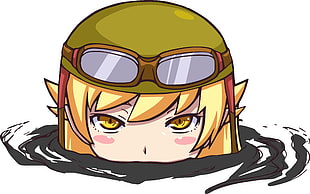 brown-haired female anime character wearing aviator hat and glasses, Oshino Shinobu, Monogatari Series, blonde, helmet