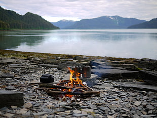 bonfire near body of water during daytime