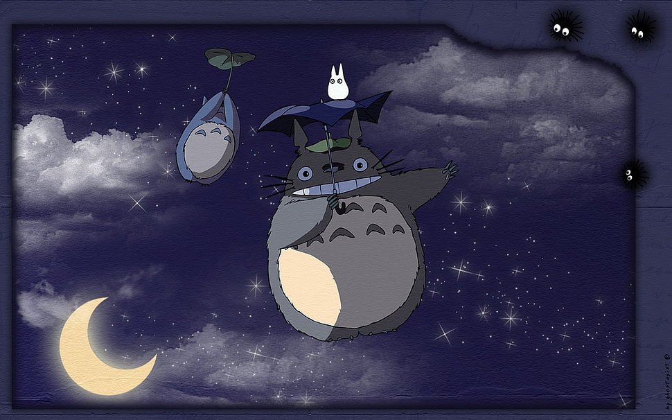 cat flying with holding umbrella artwork, anime, Studio Ghibli, My Neighbor Totoro HD wallpaper