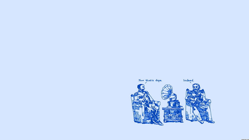 gramophone on table between two men sitting on chairs artwork, minimalism HD wallpaper