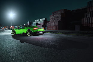 green sports car near intermodal containers HD wallpaper