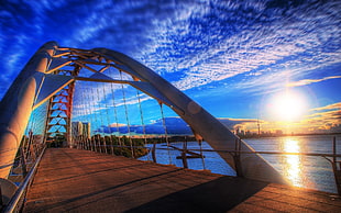 white steel bridge arc, cityscape, bridge, sunset, clouds
