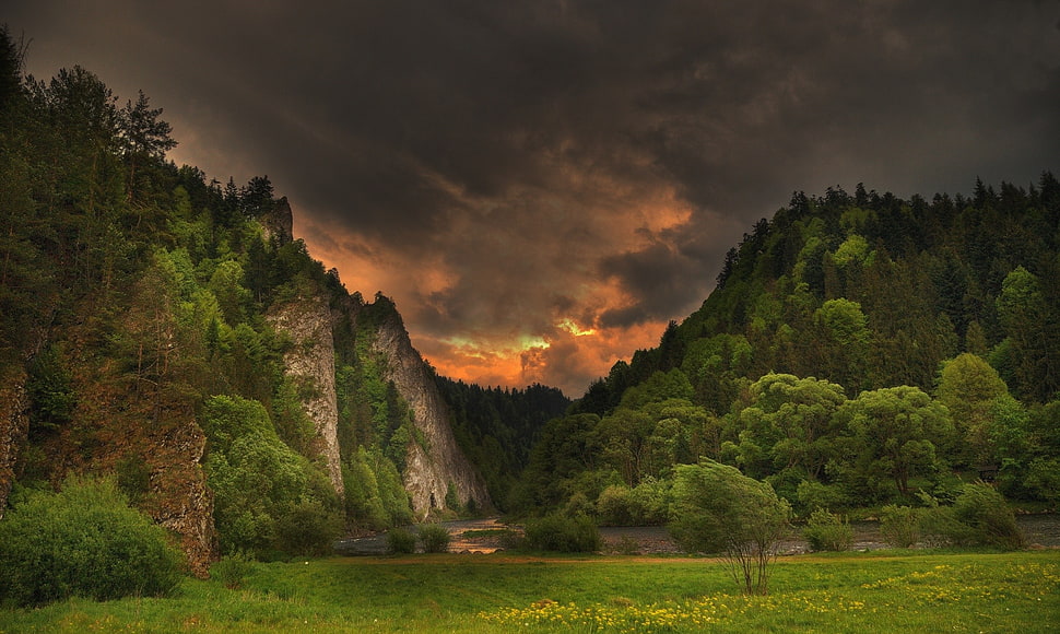 brown mountain, spring, river, storm, clouds HD wallpaper