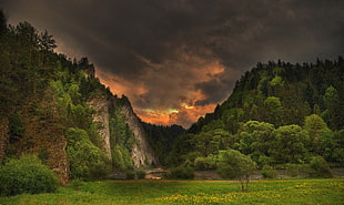 brown mountain, spring, river, storm, clouds