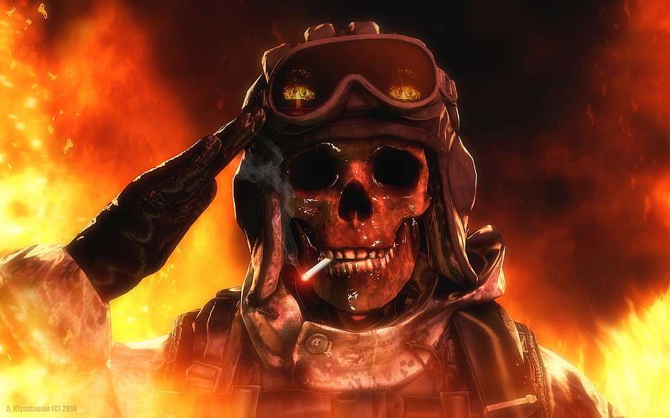 skeleton wearing goggles digital wallpaper, CGI, render, skull, fire HD wallpaper