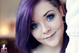 woman with purple hair near white cloth HD wallpaper