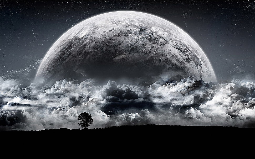 Moon, monochrome, clouds, space art HD wallpaper