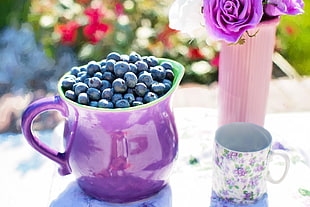ripe blueberries in purple ceramic pitcher HD wallpaper
