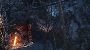 man in red long-sleeved shirt wallpaper, Rise of the Tomb Raider, Lara Croft, snow, forest