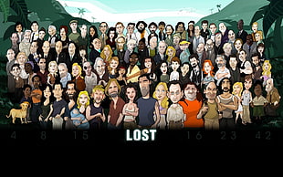 character group poster, drawing, animated series, Lost, numbers