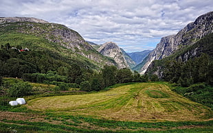 green and brown field, mountains, valley