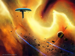 yellow and black fish lure, science fiction, artwork, futuristic, planetary rings HD wallpaper